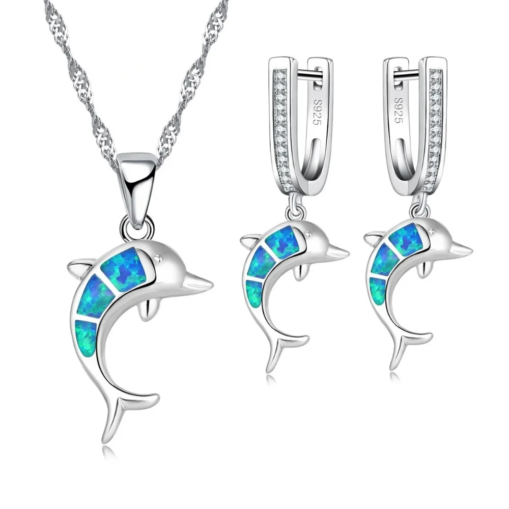 

2022 European Fashion Blue Opal Dolphin Necklace Jewelry Set Simple Natural Opal Dolphin Necklace Earrings Set for Women