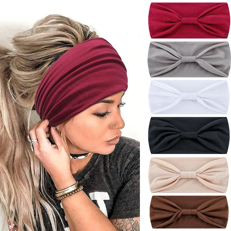 

Plain Color Thick Turbans Elastic Hairbands Yoga Sports Head Wraps Boho Wide Knotted Headbands For Women