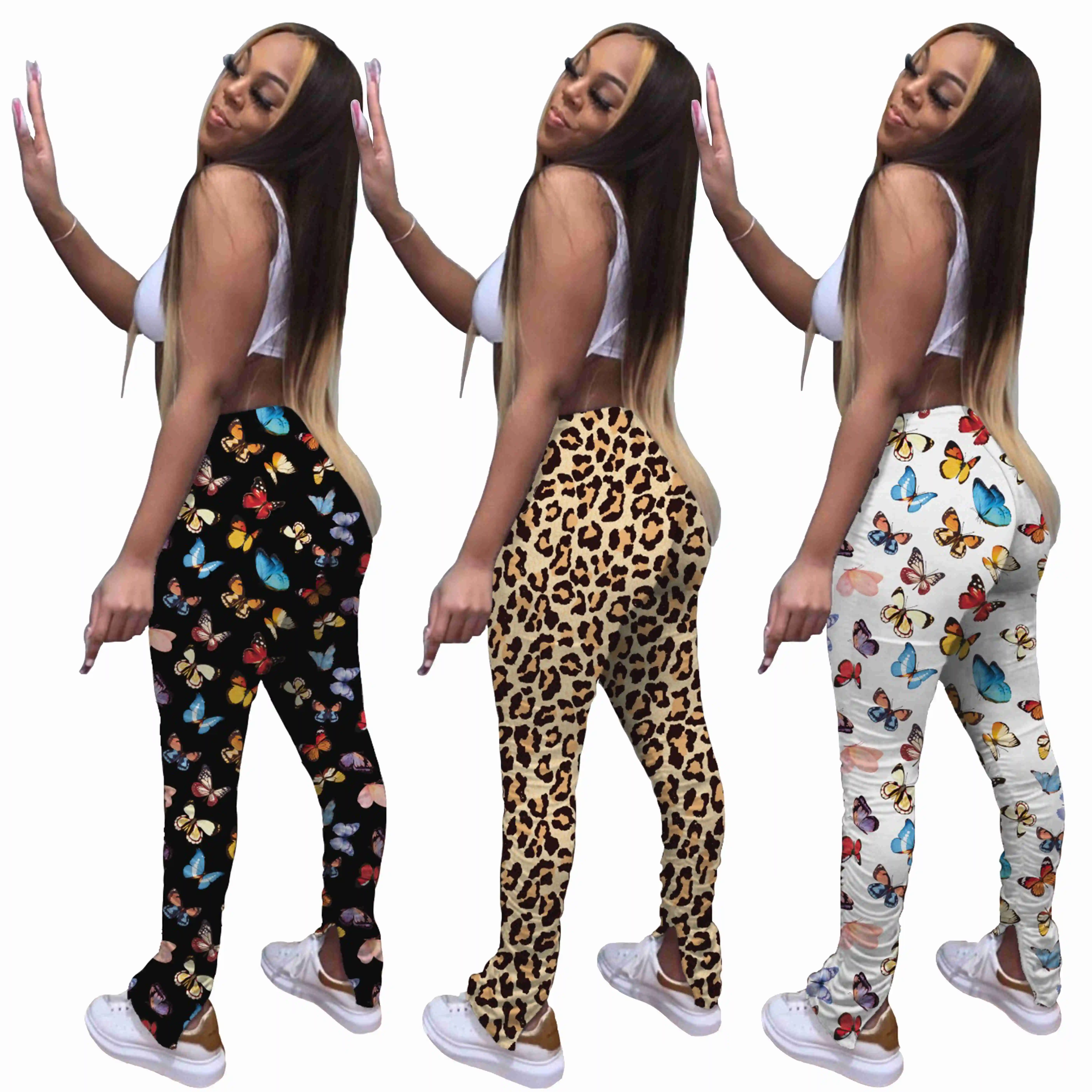 

2021 New Arrivals Butterfly Print Stacked Sweat Pants Legging Women Cheetah Flare Pants, 3 colors