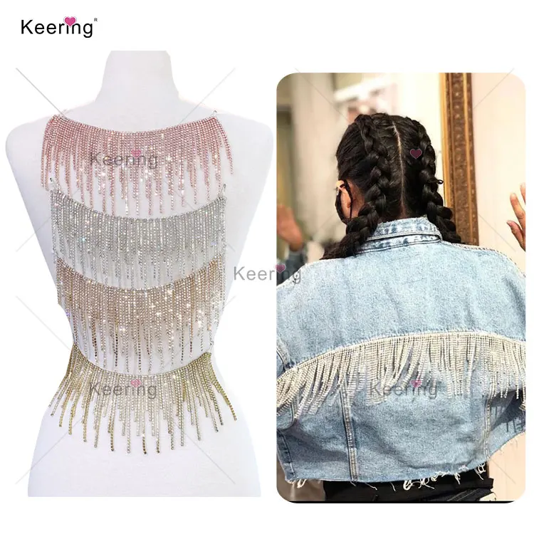 

Wholesale Price Simple Rhinestone Tassel Trimming On Roll Fringe Rhinestones Chain Trim For Jean Jacket, Sliver/gold/rose gold