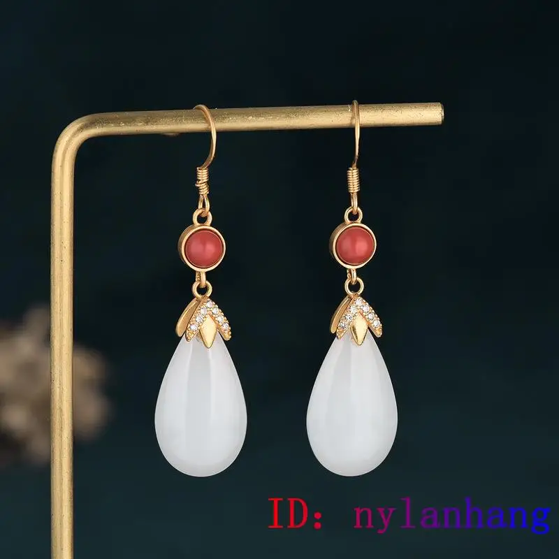 

White Jade Water drop Earrings Jewelry Amulet Gemstone Charm Crystal Natural Women Zircon Chalcedony Gifts Fashion 925 Silver