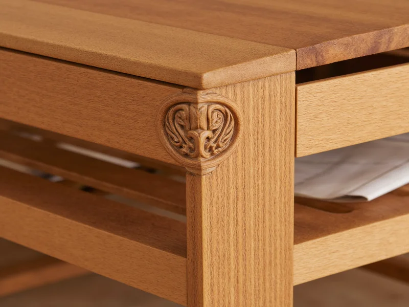 Close-up of hand-carved wooden details on sustainable furniture