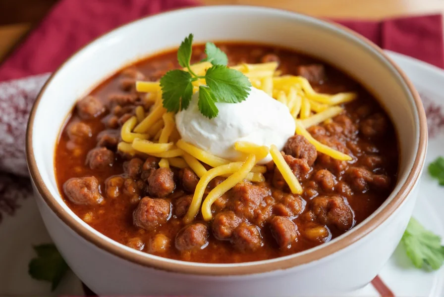 Bowl of rich hamburger meat chili topped with shredded cheese, sour cream, and fresh cilantro