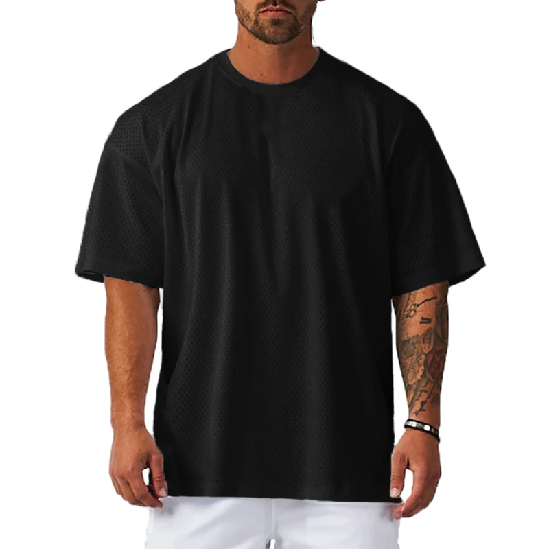 Dropped Shoulder Oversized T-shirt Men Half Sleeve Fitness T Shirt Summer Perspective Mesh Loose Gym Clothing Basketball Jerseys