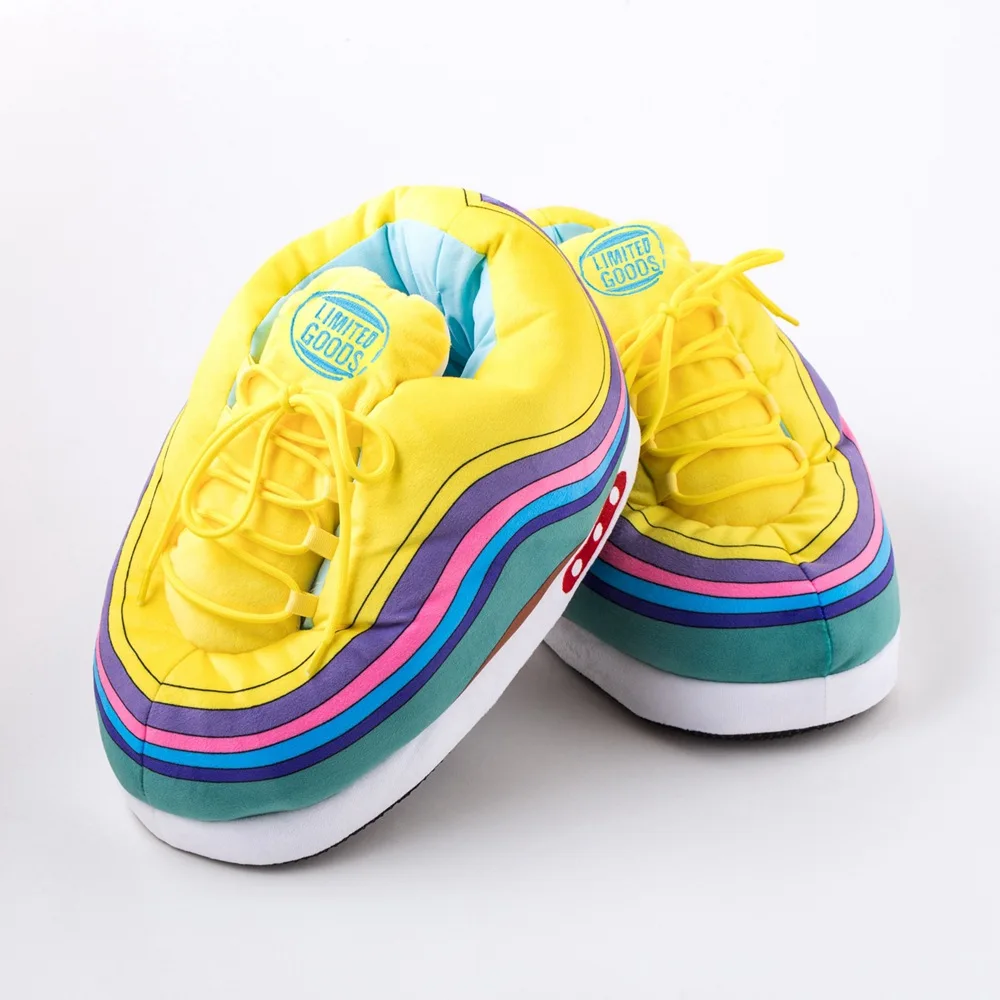 

Wholesale Tik Tok Rainbow Printed Indoor Shoes Average Size Cozy Plush Custom Yeezy Sneaker Slippers, Picture