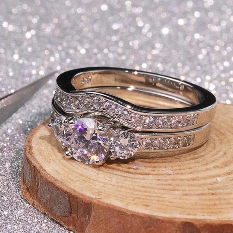 

Popular Couple Romantic Couple Ring Fashion Jewelry Anniversary Wedding White Cubic Zircon Rings Set Lover Gift, Picture shows