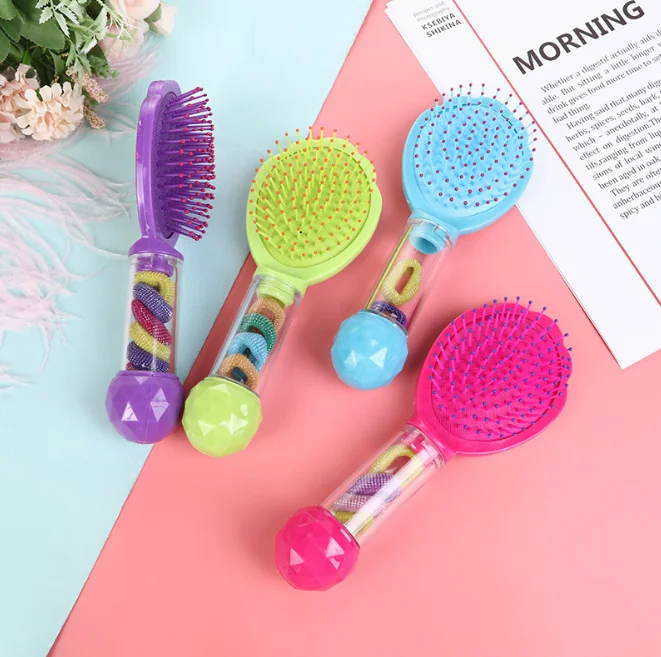 

TSZ-8C010 plastic massage hair comb with elastic hairbands for girls kids cartoon hair brush set