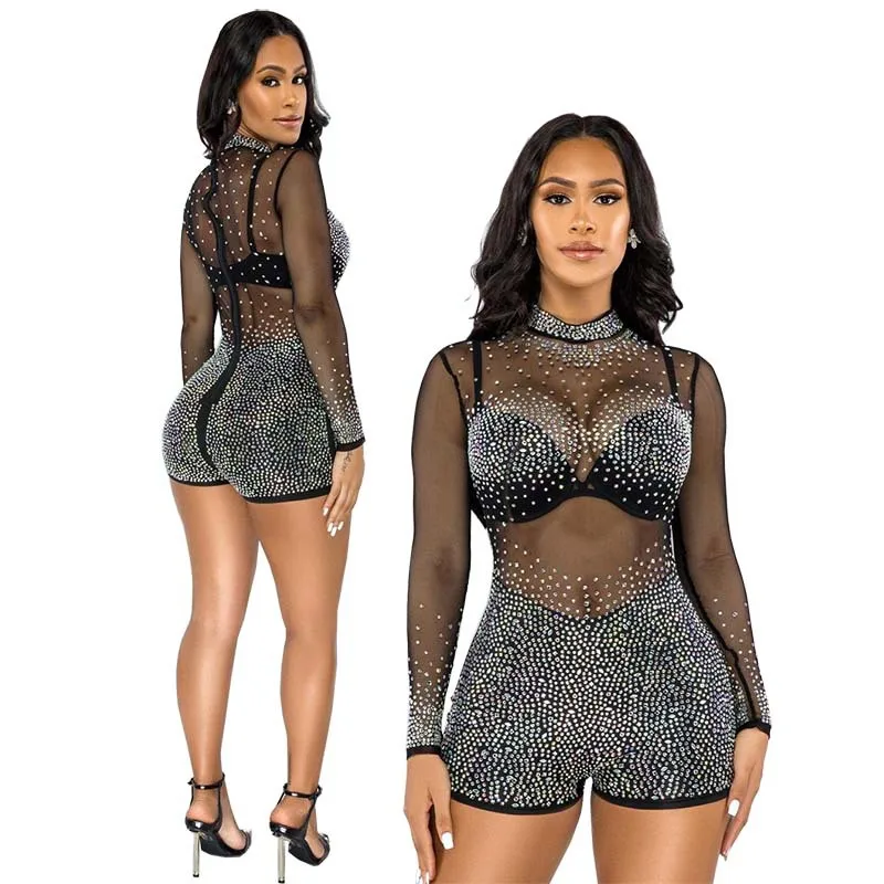 

Women nightclub long sleeve jumpsuit rhinestone bodysuit see through black jumpsuit