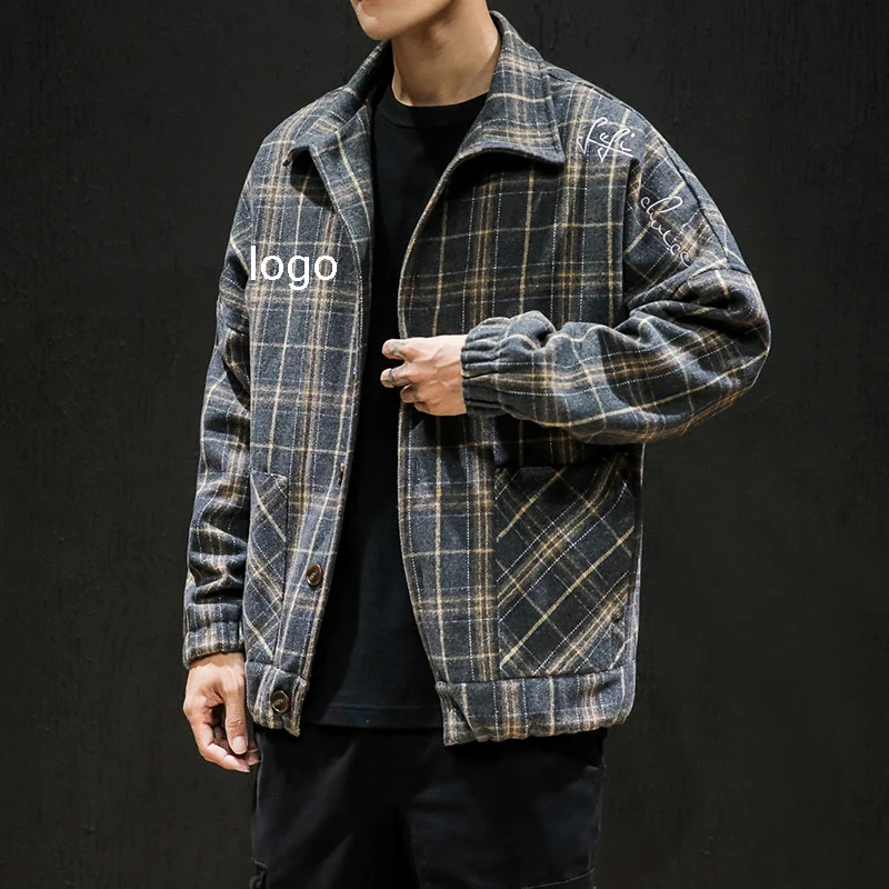 

2021 new autumn and winter Korean version of woolen plaid coat popular men's casual clothes fashion checked jacket, Dark gray,gray,khaki