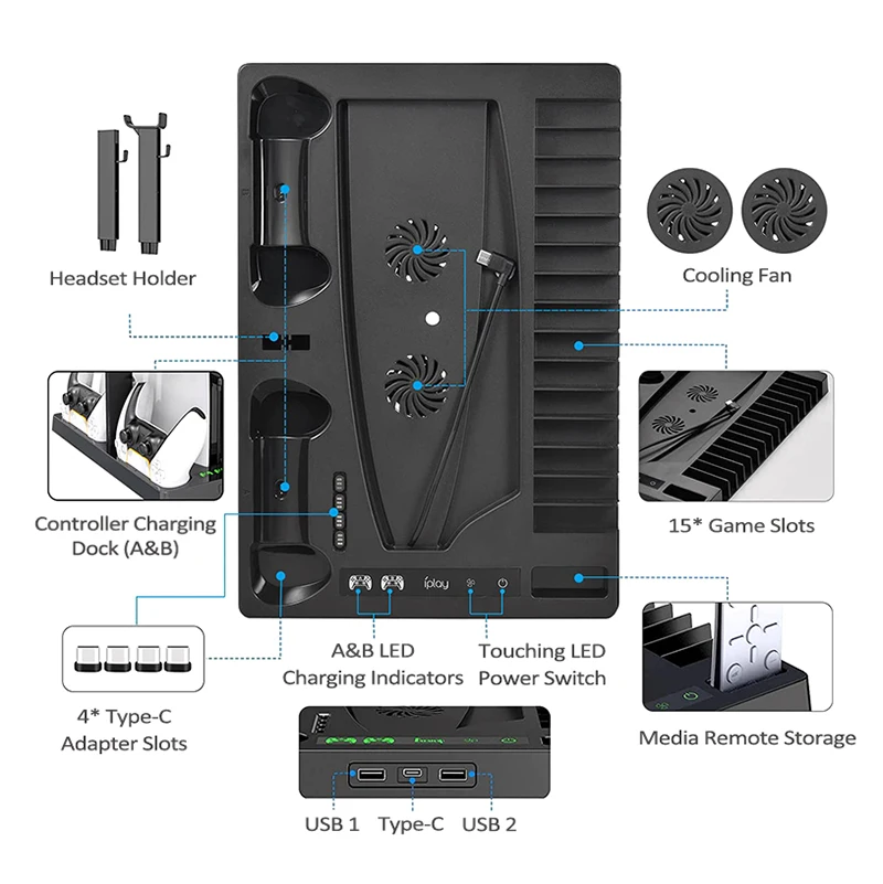 

Black PS5 playstation 5 multifunctional vertical stand station with cooling fan headset holder and fast controller charging dock