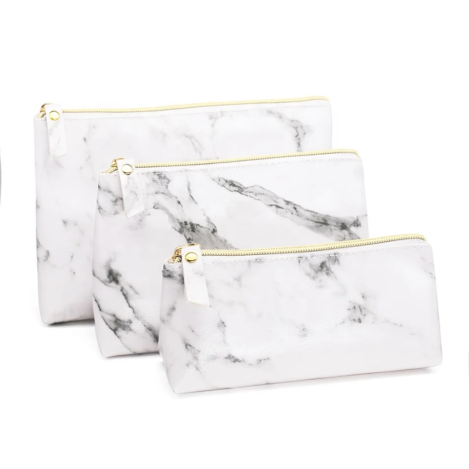 

3Pack PU Leather Cosmetic Holder Pouch Makeup Bag Marble, White
