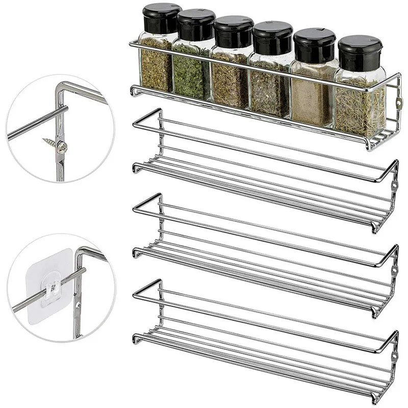 

Punch-free multifunctional kitchen Cabinet spice rack organizer wall metal mount Chrome Tiered Hanging Shelf for spice mason jar, Black/white