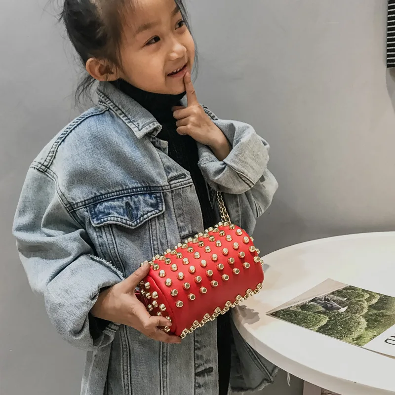 

fashion Trend Small Girl's Boston chain Baby Mini bucket bags rivet kids purse children handbag shoulder bag