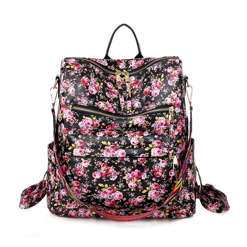 

Free Shipping Ready To Ship Girls PU Leather Floral Backpack Purse Retro Vegan Leather Convertible Ladies Bag For Fashion Women