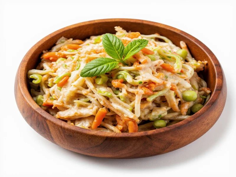 Fresh coleslaw with homemade dressing in wooden bowl