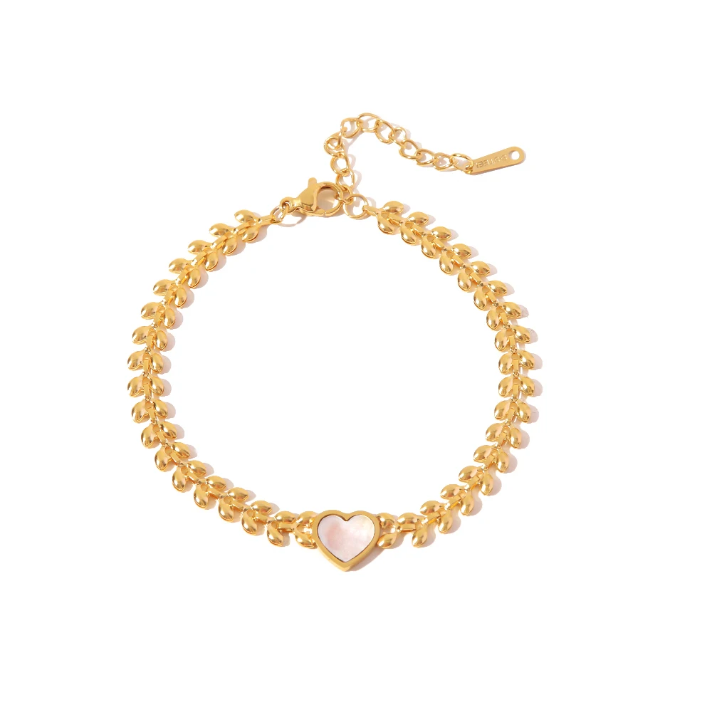 

Stainless Steel 18K Gold Plated Jewelry Gift Waterproof White Shell Heart Pendant Bracelet For Women