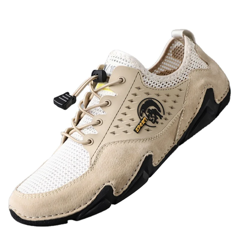 

New Popular Fashion Mesh Pigskin Street Casual Men's Sports Shoes Latest Men Trending Sneakers for rubber sole, Gray, beige