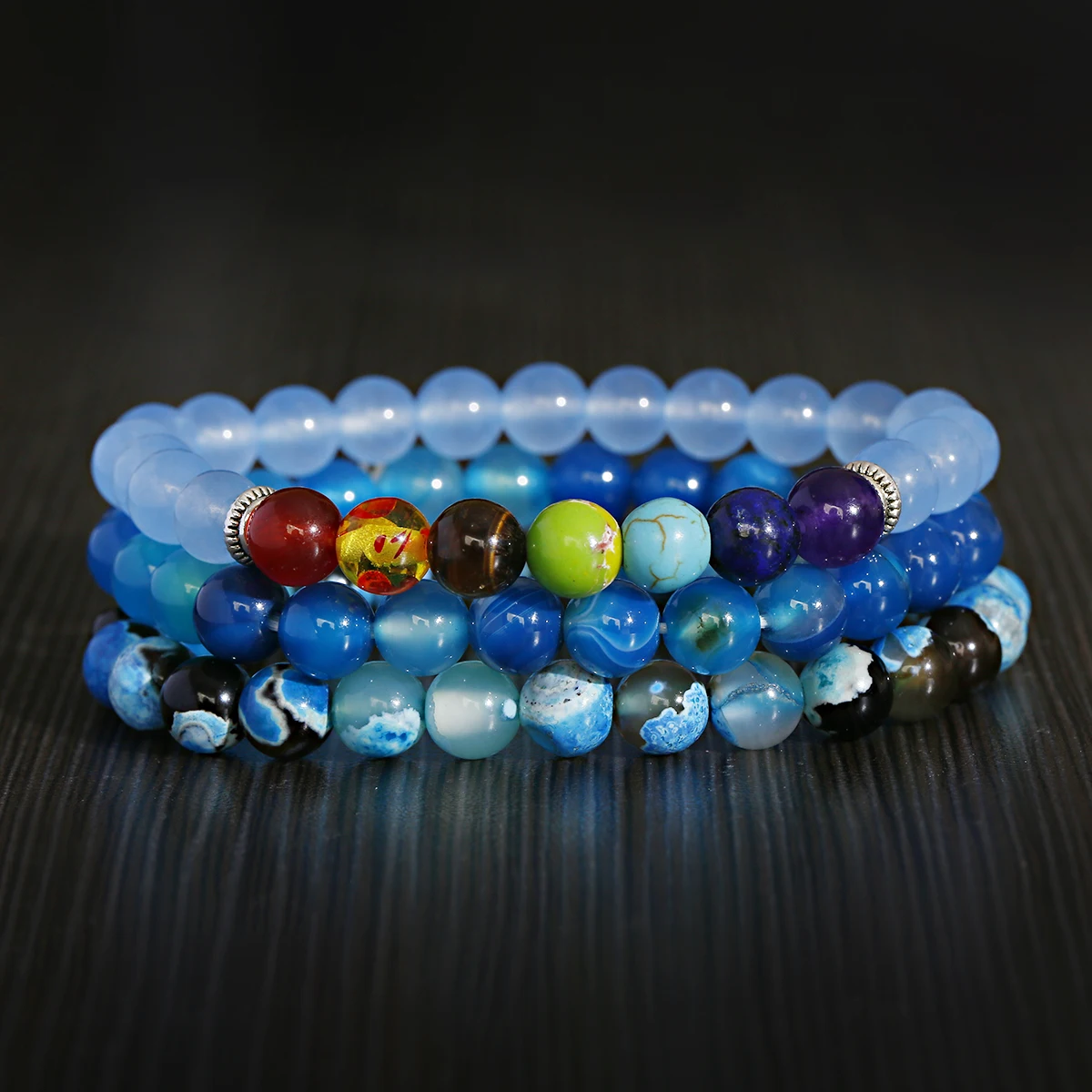 

3Pcs/Set Natural 8MM Blue Agate Stone Beaded Bracelet Sea Beach Style Bracelets, Multi-colors