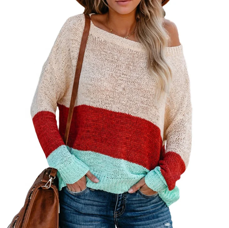 

Free Shipping autumn winter long sleeve crew neck triple color block off shoulder sweater, As picture