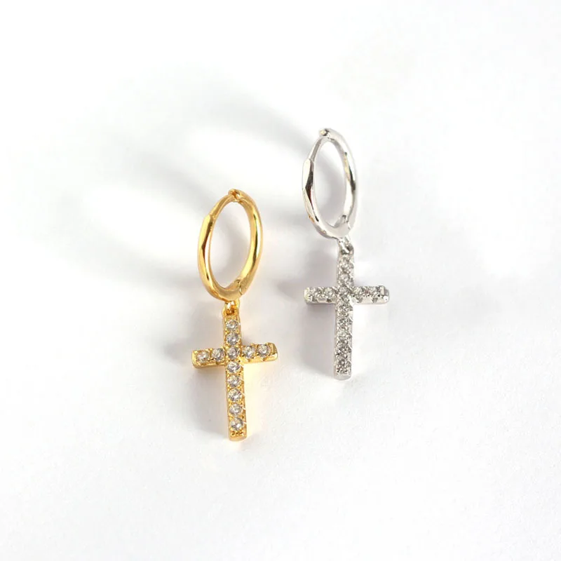 

Classics High quality 18K gold plated 925 Silver zircon paved cross dangle hoop earring