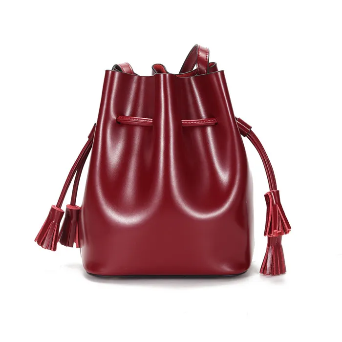 

Fashion Genuine Leather Bucket Bag With Drawstring Lady HandBags Women Shoulder Bags, Burgundy,black,brown
