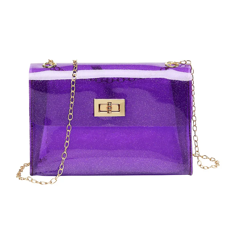 

Women spring summer solid purple color handbag girls candy purse transparent jelly tote chain shoulder bag, Black, blue, red... ...