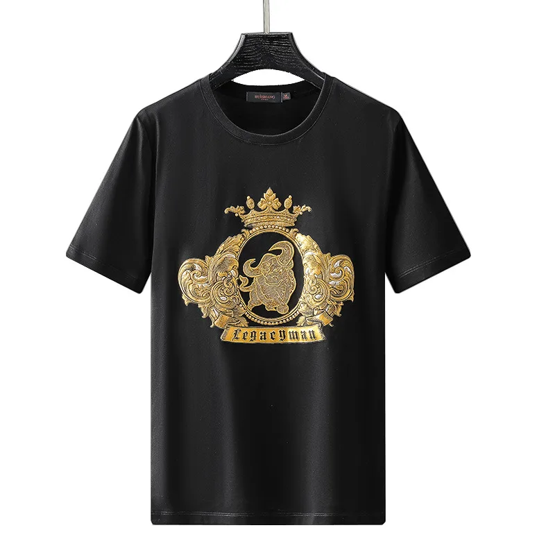 

2021 New High Quality 100%cotton Hot Drilling Mens T Shirt Casual Short Sleeve Luxury Gold relief bull print