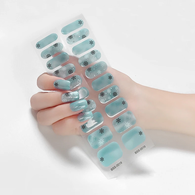 

hot sell Winter Christmas snow blue private LOGO uv semi cured long lasting gel nail wraps 3d 16 strips with LED lamp