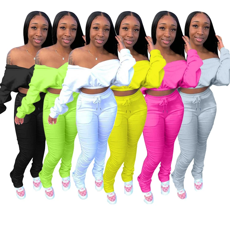 

L8768-trendy long sleeve crop top with stacked pants 2 piece sets women fall clothing, Picture