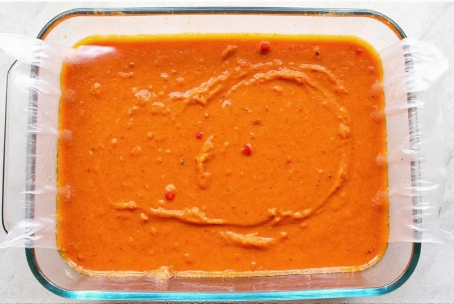Roasted red pepper dip stored in glass container with plastic wrap pressed directly on surface, showing proper storage technique