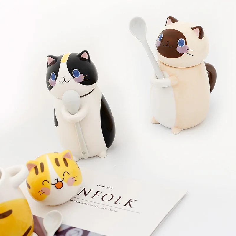 

Feiyou customized 275ml Wholesale Cartoon Cat Shaped Mug Tazas De Cafe Cute Coffee Ceramic Mug with Spoon and Lid, Customized color
