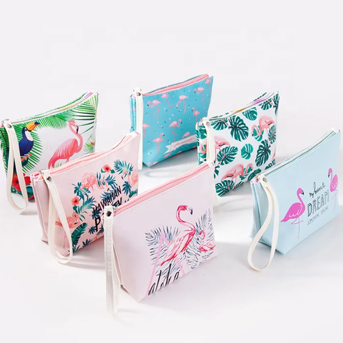 

Flamingo Makeup Bag Waterproof PU Cosmetic Bag Handle Strap Portable Handbag Makeup Storage Bag Travel Carrying Opp Bag Fashion