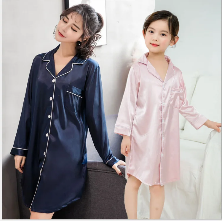 

New Design Summer Satin Nightdress Children's Cardigan Women Sleep shirt mommy and me sleepwear Parent-child Pajamas Shirt, Customized color