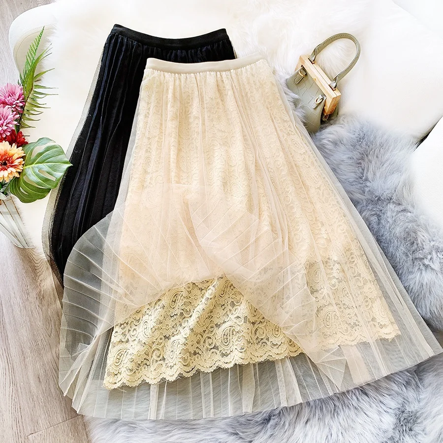 

B51861A Lately style lace hollow out lady high waist elegant long skirt