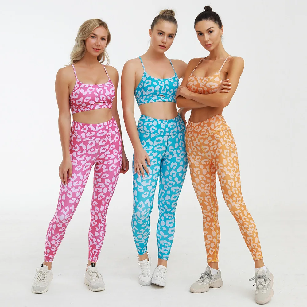 

Leopard Print Ladies Clothes Slim Hip Pants Yoga Suit Sports Two Piece Set for women