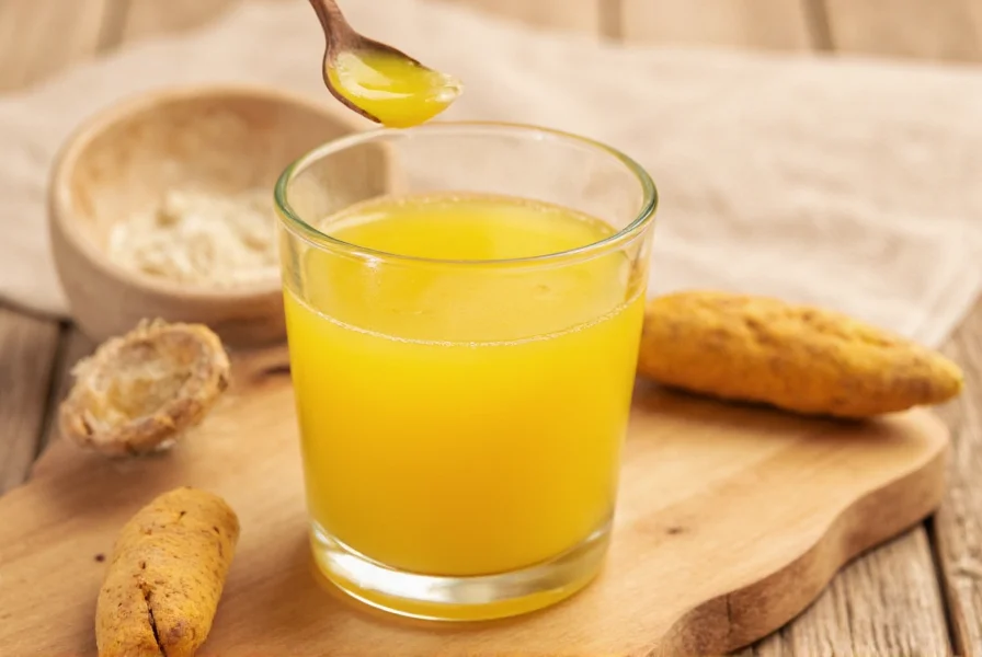 Finished turmeric shot in small glass with fresh ingredients surrounding it