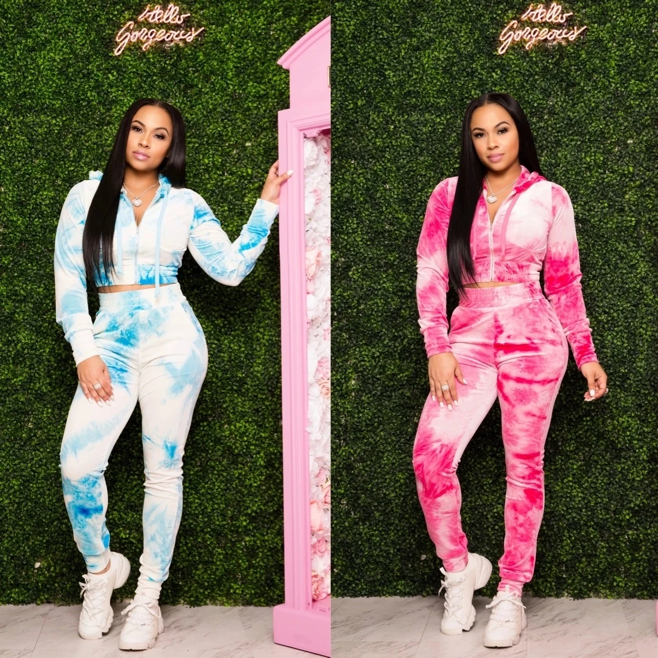 

2020 tie dye sport tracksuit 2 piece women fall clothing set, Blue, rose