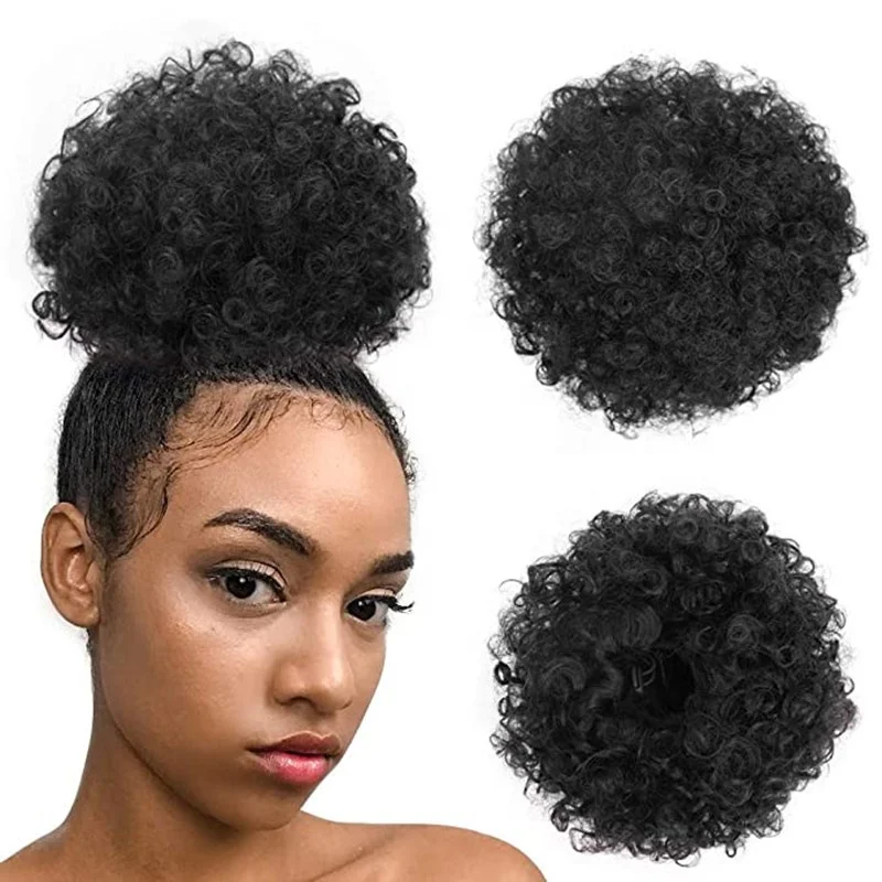 

Fashion Synthetic Curly Hair Ponytail African wig hair pack, bun, wig headgear, explosive head, Short Kinky Curly puffy hair ex, Black