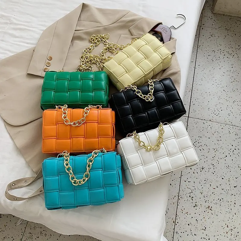 

New Designer Woven Soft Square Crossbody Bags Women High Quality Thick Gold Chain Shoulder Bag Female Fashion Personality Purse