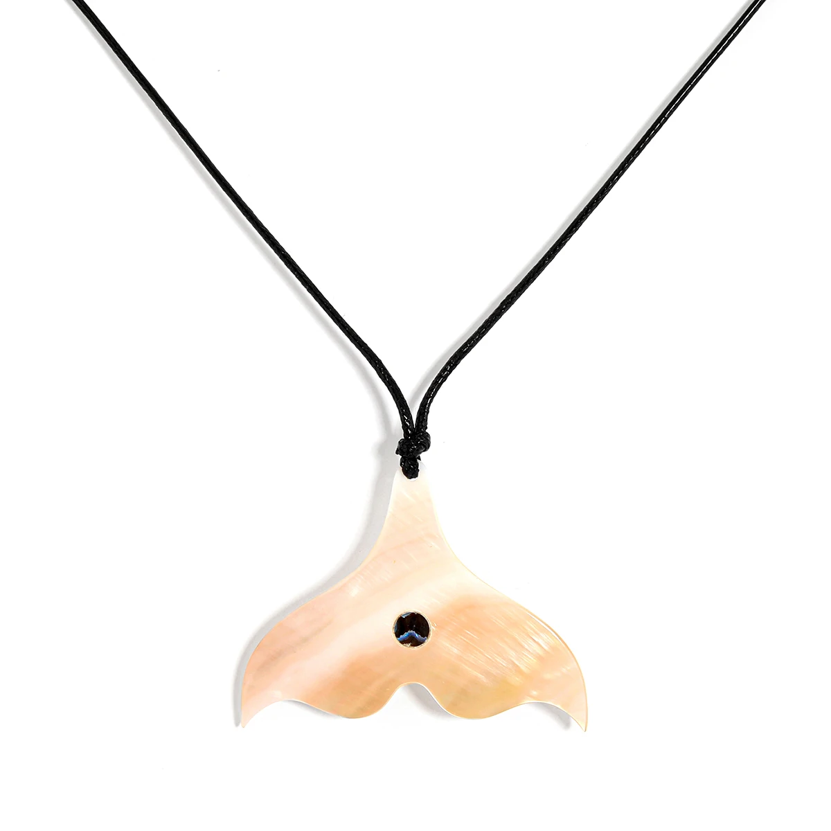 

Hawaiian Tribal Natural White Shell Fish Tail Pendant Black wax rope vintage necklace