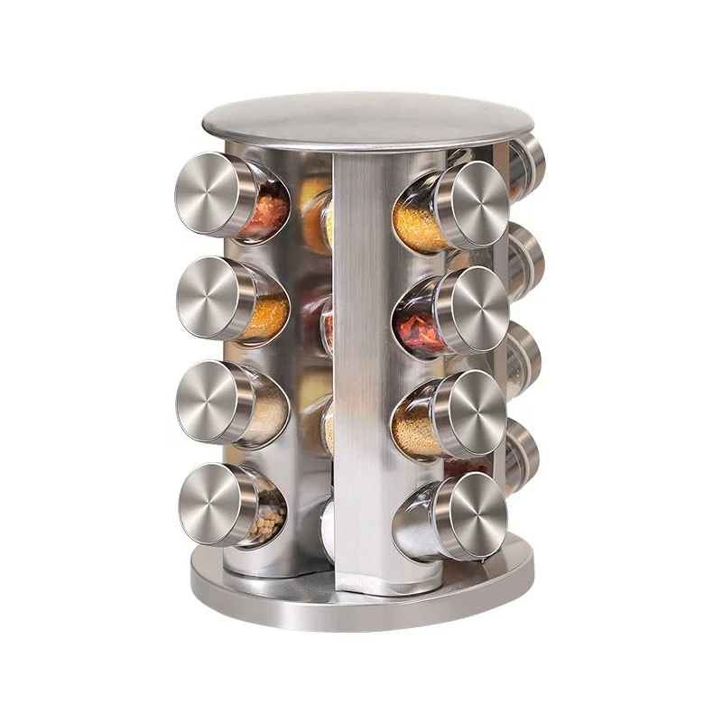 

New Kitchen Steel Seasoning Jar 16-jar Revolving Countertop Spice Rack Organizer Glass Bottles Revolving Spice Rack Set