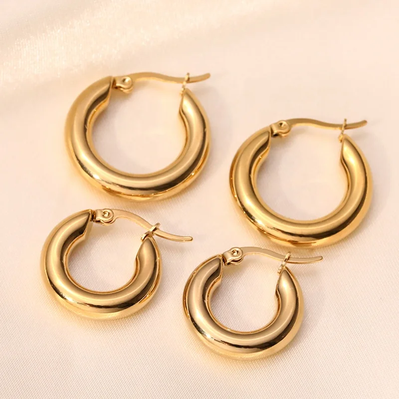 

High End Minimalist Women Jewelry 18K Gold Plated Stainless Steel Hypoallergenic Chunky Thick Loop Hoop Earrings for Women