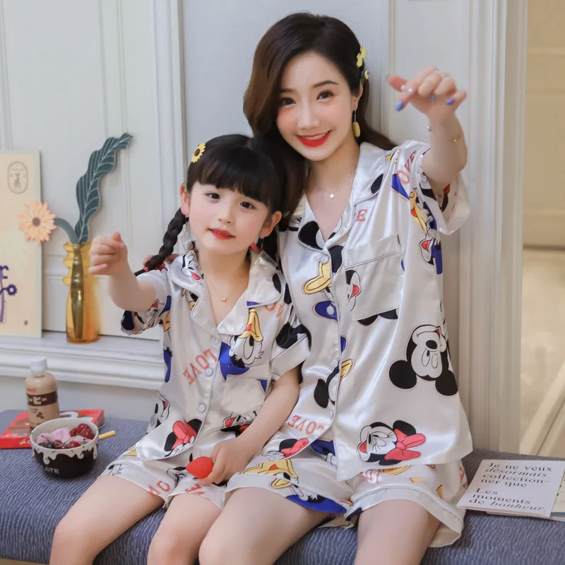 

Pajamas Pyjama Sets Sleepwear Chinese Summer Silk Satin Women And Kids Shorts Family Pajamas