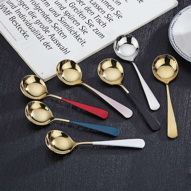 

Stainless Steel Round Spoon Colorful Handle Cupping Spoon Coffee, Silver /gold with colorful handle