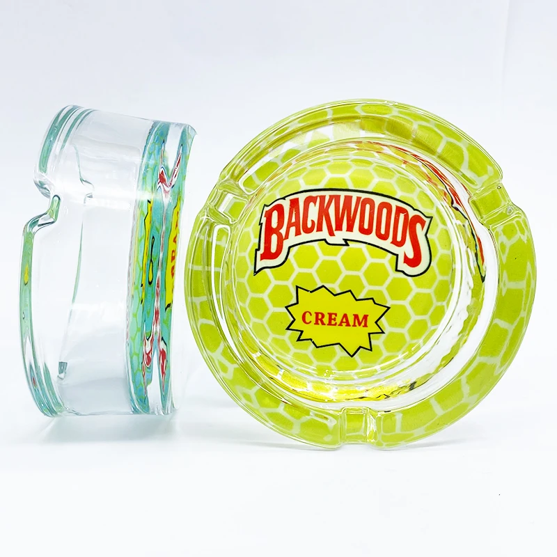 

SHINY Best selling small glass ash tray round custom logo BACKWOODS ashtray light, Random shipment