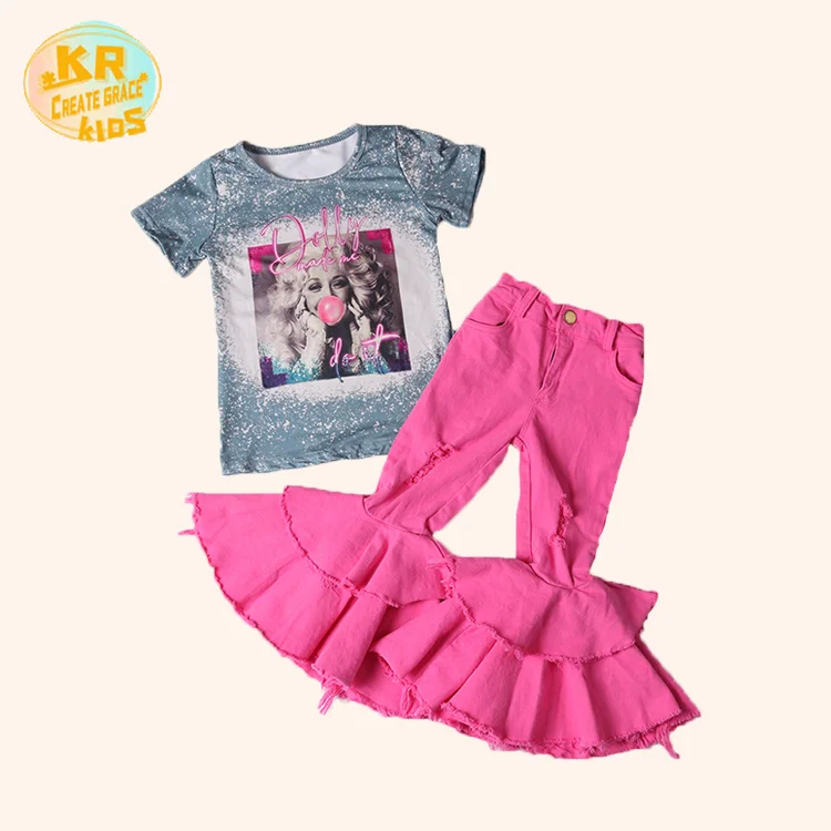 

Ready To Ship Two Piece Pants Set Kids Boutique Outfit Little Girls Denim Clothing Sets