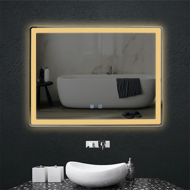 Hot sale modern style rectangular time display bathroom customized LED backlit defogger smart mirror