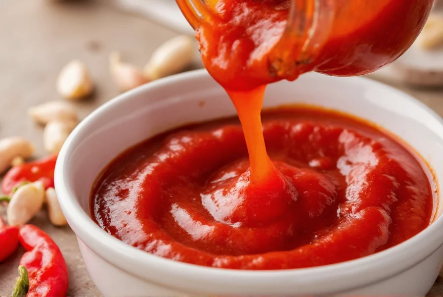 Close-up of vibrant red homemade chili sauce being poured from a small glass jar into a white bowl, with fresh red chilies and garlic cloves arranged around it