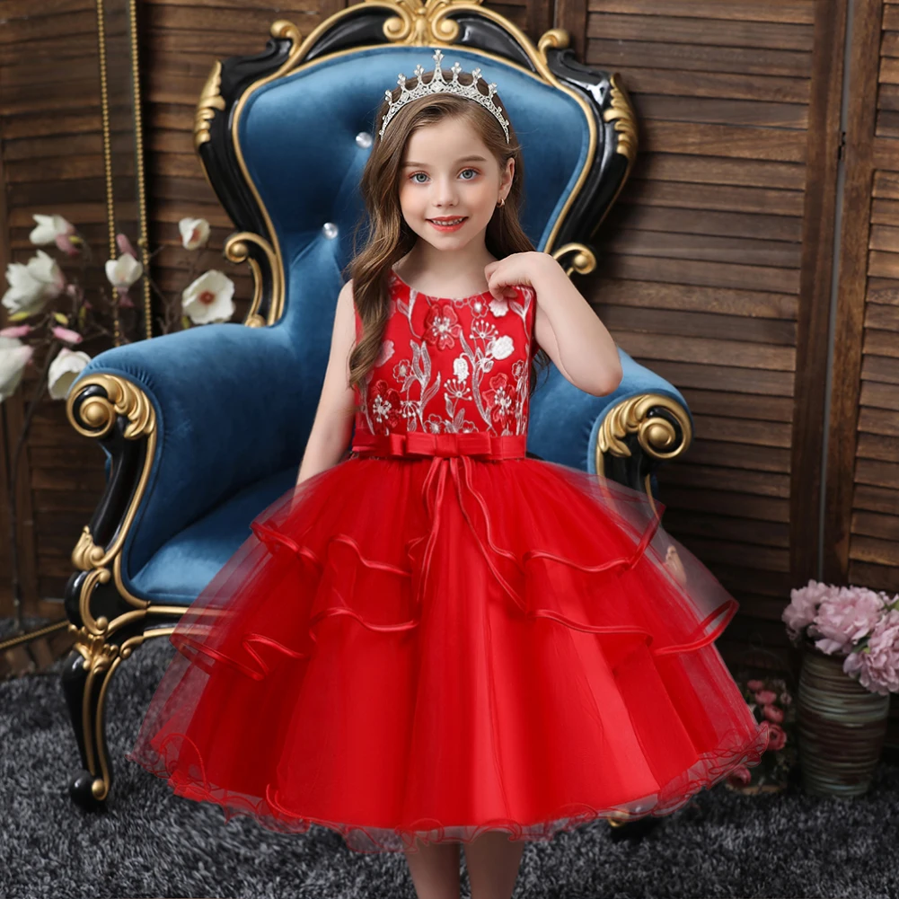

Red crew neck fluffy kids night dress for evening banquet multi-layered elegant girl wedding dress for children 2-10 years old