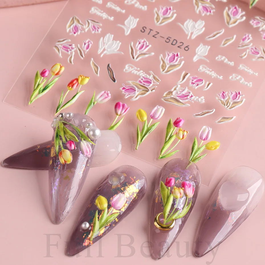 

5D Tulips White Camellia Nail Stickers Embossed Relief Orchid Floral Leaf Flowers Carved Sliders Gel Polish, White butterfly nail stickers